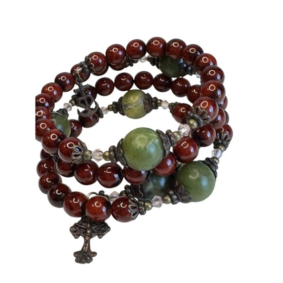 Connemara Marble Crimson Glass Coil Rosary Bracelet Celtic Cross Anchor - Picture 8 of 9